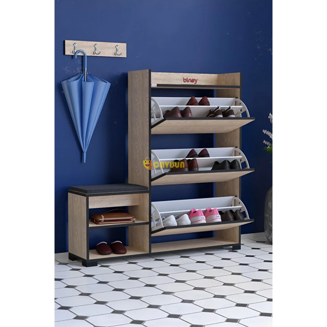 Shey Store Star Elite Seated Shoe Rack Pouf Seat Cushioned Right Side 3 Shelves Drop Lid Wooden 125x Istanbul - photo 7