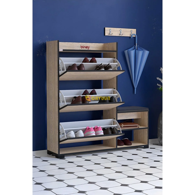 Shey Store Star Elite Seated Shoe Rack Pouf Seat Cushioned Right Side 3 Shelves Drop Lid Wooden 125x Istanbul - photo 4