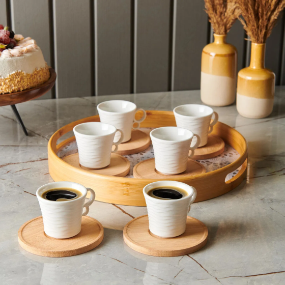 Pachi 12 Piece Bamboo Plate Porcelain Coffee Cup Set - White Istanbul