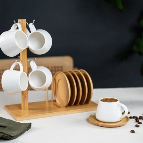 Benante Bamboo Stand 6 Piece Porcelain Cup Set Стамбул