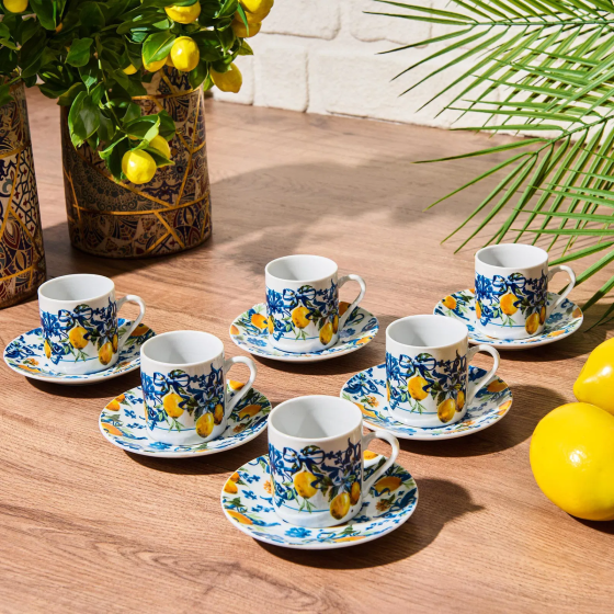 Perotti Lemon Patterned Porcelain Turkish Coffee Cup Set of 6 - Blue - 120 ml Стамбул