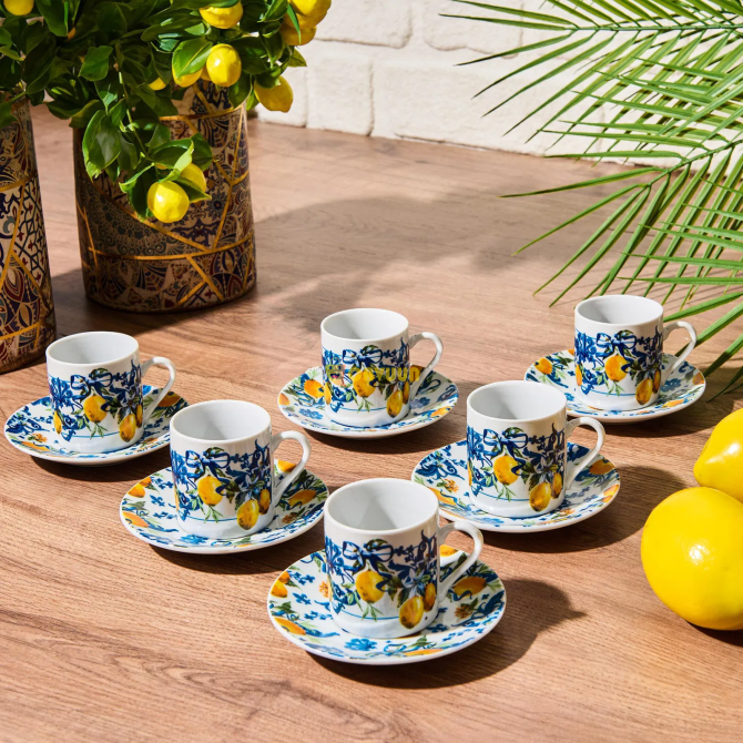 Perotti Lemon Patterned Porcelain Turkish Coffee Cup Set of 6 - Blue - 120 ml Istanbul - photo 1