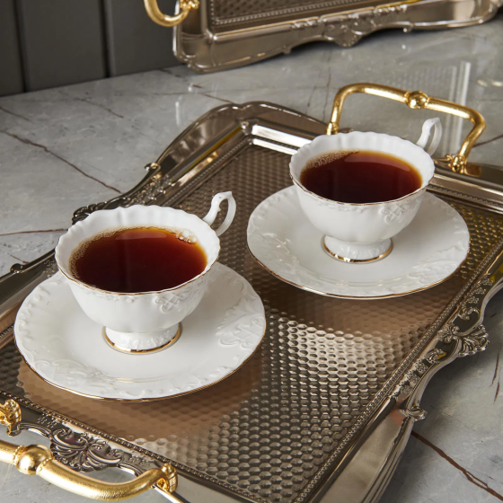 İpek Bone Porcelain Gilded Tea Set of 2 - White Стамбул