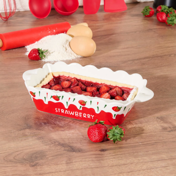 Benante Strawberry Patterned Ceramic Oven Dish - Colorful - 27x16x5.5 cm Istanbul