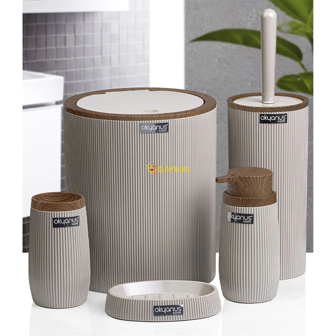 Okyanus Home Wooden Patterned Striped Round 5-Piece Bathroom Set - Beige Istanbul - photo 8