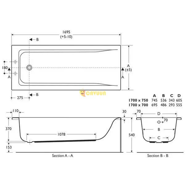 Ванна Ideal Standard Concept с двумя отверстиями для смесителя 1700 x 750 мм, белая Лондон - изображение 2